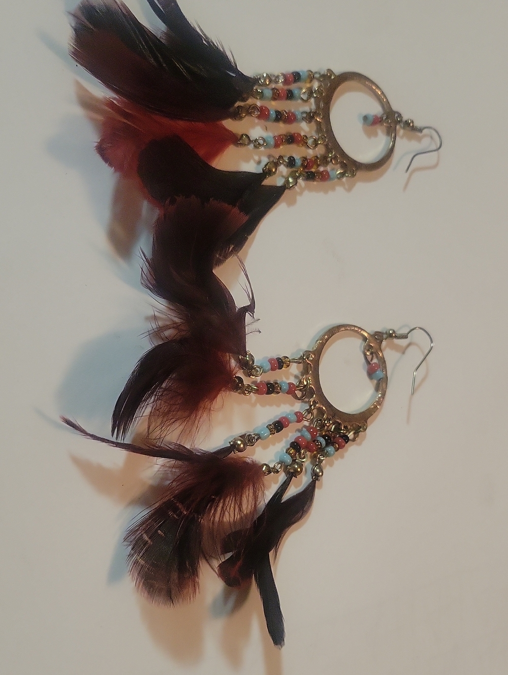 Boho Feather & Bead Dangle Earrings - Brown